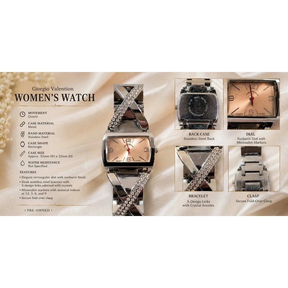 Giorgio Valentian Silver Tone Rhinestone Crossover‎ Quartz Watch P310AB
